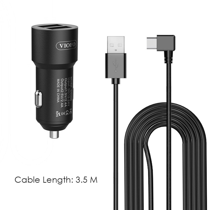 Viofo Type-C Dual USB Cigarette Car Charger with 3.5M Power Cable for T130 and A229 - with 90 Degree Plug
