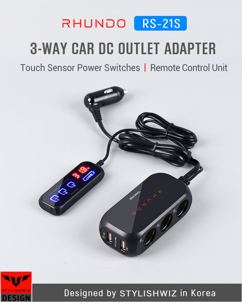 Rhundo RS-21S 3-Way Car 12V Splitter/Charger + 2 USB Ports + Remote Switch - Used/Open Box